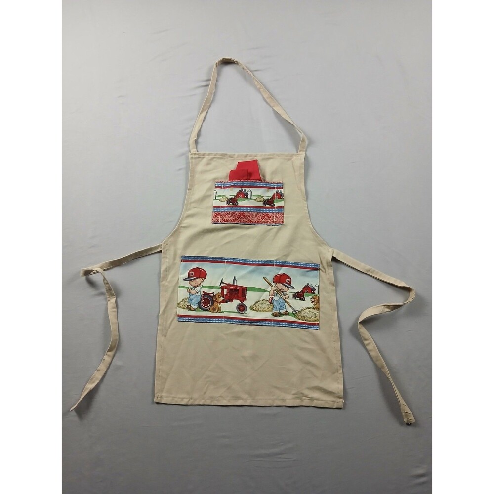 Vintage Handmade Farmall Kids Apron IH Tractor Farm Boys Canvas Pockets.